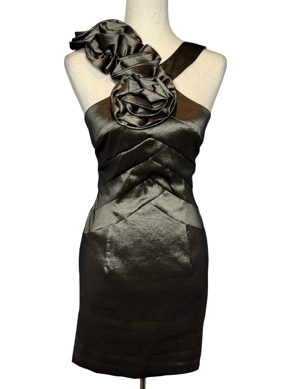 Jessica McClintock Satin Dress with Rosette Metallic Bronze Women’s SZ P4